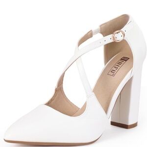 IDIFU White Strappy Block Heel Pumps